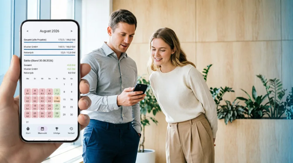 Zwei Personen schauen gemeinsam auf ein Smartphone; im Vordergrund die App Meine Arbeitszeit mit Monatsübersicht, Soll/Ist-Stunden, Überstunden-Saldo und Kalender