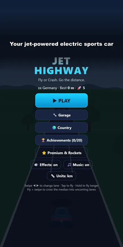 Startmenü von Jet Highway: Fly or Crash mit Elektro-Sportwagen