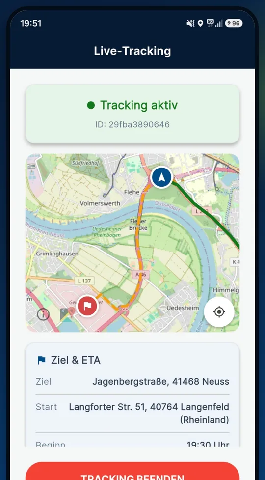 Screenshot der App: Tracking aktiv: Karte, Route und Ziel mit Ankunftszeit