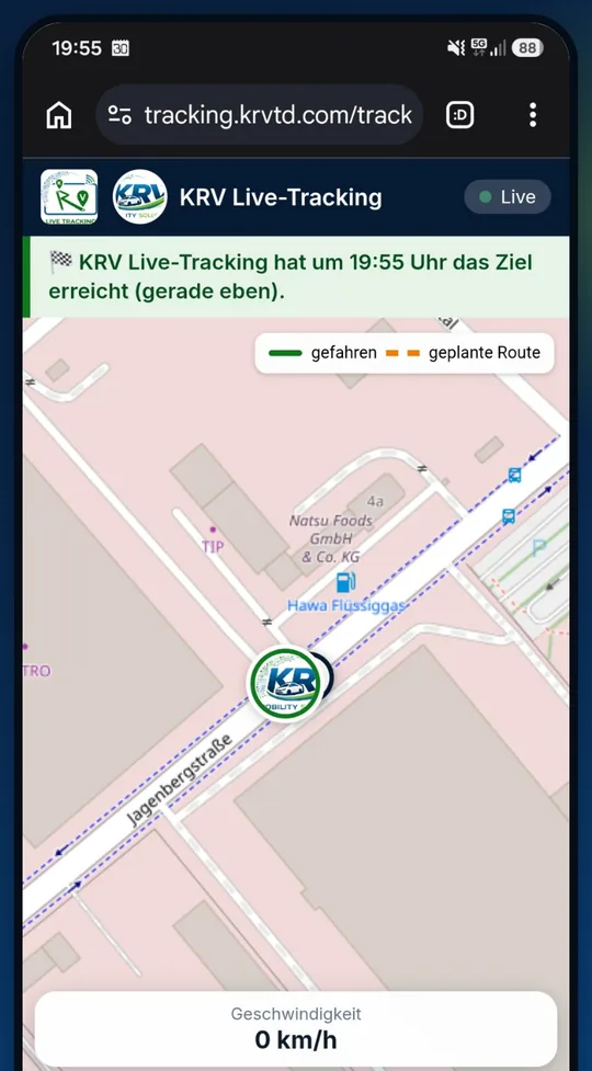 Screenshot der App: Ankunftsmeldung bei Erreichen des Ziels