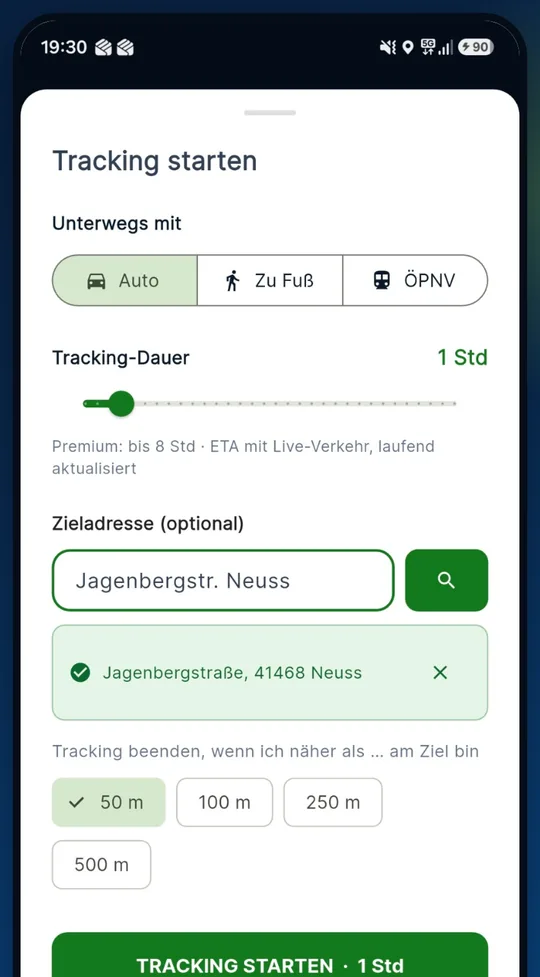 Screenshot der App: Auto, zu Fuß oder ÖPNV – Dauer und Ankunftsradius wählbar