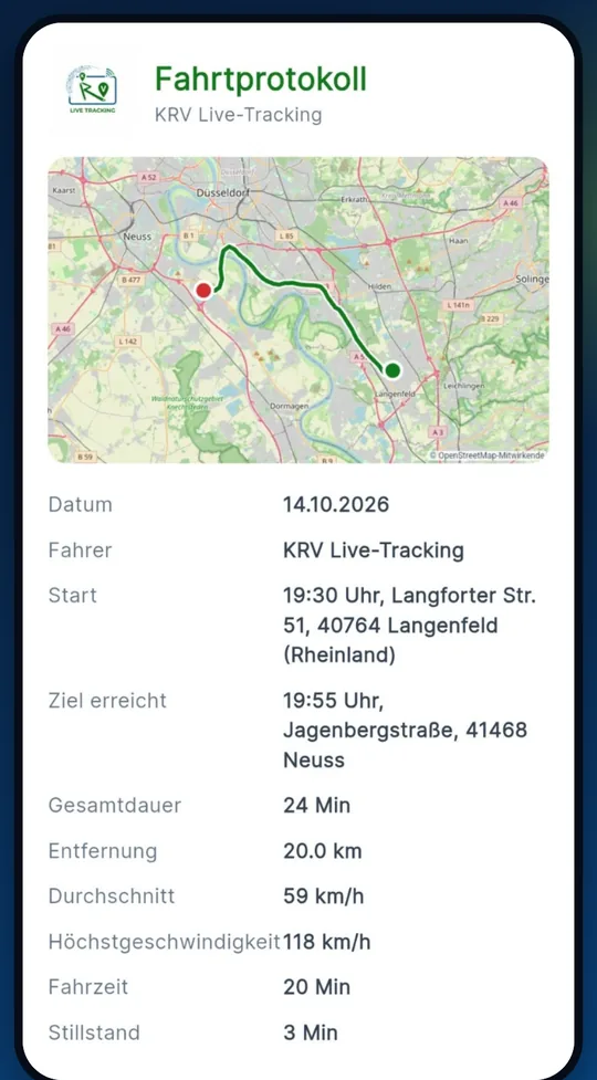 Screenshot der App: Fahrtprotokoll mit Karte (Premium)