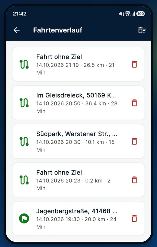 Screenshot der App: Fahrtenverlauf – Fahrten jederzeit selbst löschen